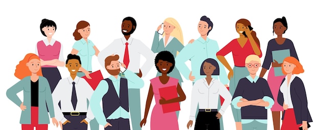 Team portrait Smile diverse ethnic professionals in group Corporate young coworkers together in office clothes Decent employee in business vector scene