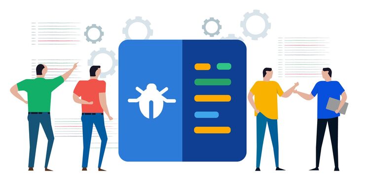 Vector team of programmer developer looking for bug bugs malware error in coding debug software application