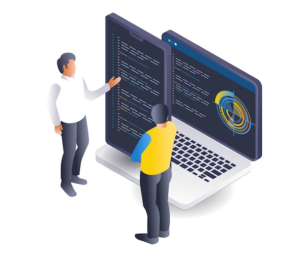 Team of programmers computer technology analysts isometric flat illustration