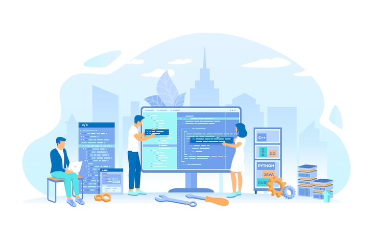 Vector team of programmers write program code on a big monitor screen backend development coding testin