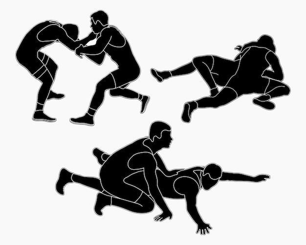 Vector team silhouettes athletes wrestlers in wrestling duel fight greco roman wrestling martial art