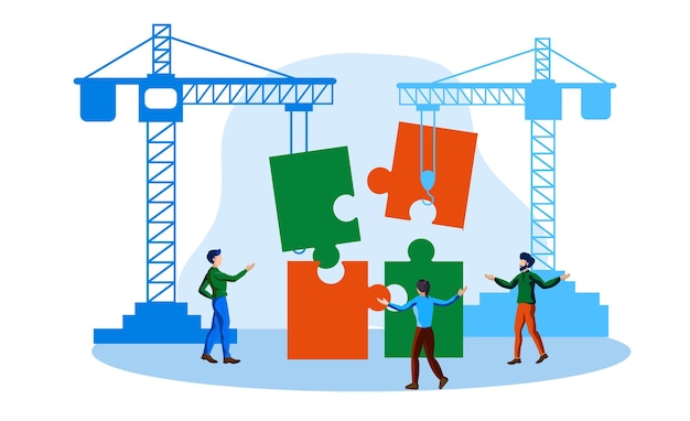 Vector team solving jigsaw puzzle vector illustration concept