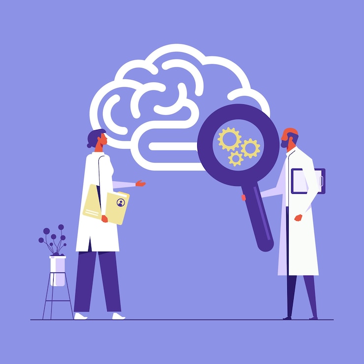 Vector team of specialists helps with brain problems concept of mental process operations and health