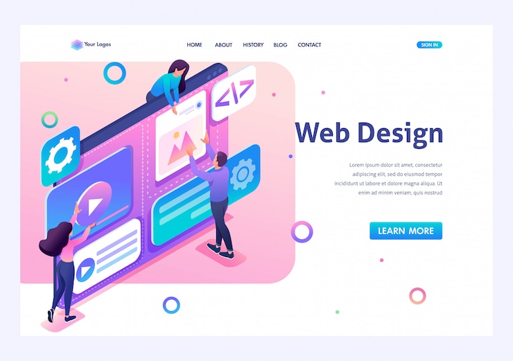 Vector team of specialists is working on the creation of web design. concept of teamwork. 3d isometric. landing page concepts and web design