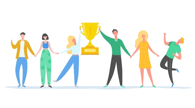 Vector team success concept illustration. business leader people celebrating victory. man and woman achieving reward. businessman and businesswoman winning trophy. victory prize