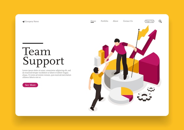 Team support each other and analyzing business business goals and growth isometric concept