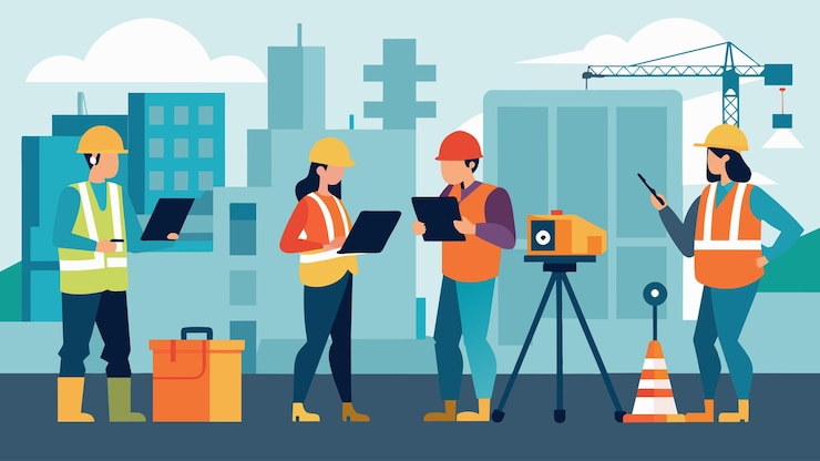 Vector a team of surveyors gather on a construction site taking measurements and inputting data into their