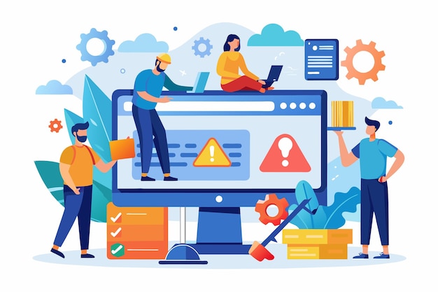 기술자 팀은 창의적인 환경에서 기술과 팀워크를 사용하여 웹 사이트 오류를 수정하기 위해 협력합니다.