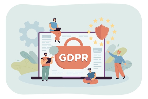 Vettore team di piccoli imprenditori con il simbolo gdpr sullo schermo del laptop. persone che proteggono le informazioni personali illustrazione vettoriale piatta. regolamento generale sulla protezione dei dati, concetto di privacy per banner