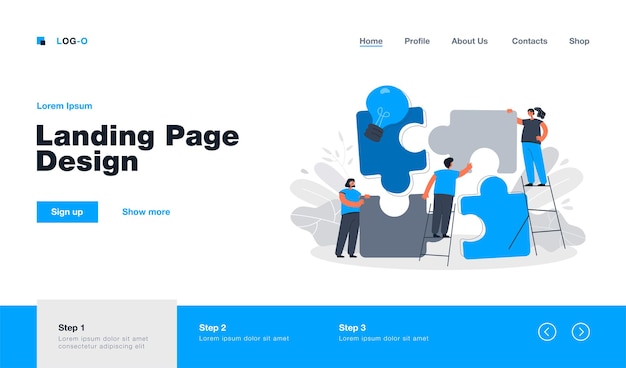 Team of tiny people connecting giant puzzle elements landing page in flat style