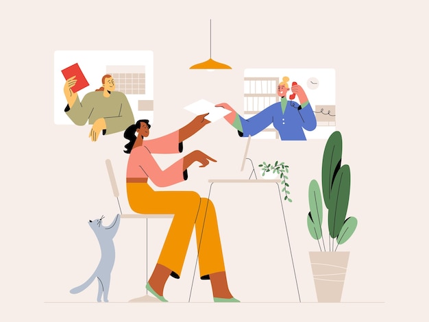 Vector team of two women and man collaborating for project hand drawn flat vector illustration for teammate