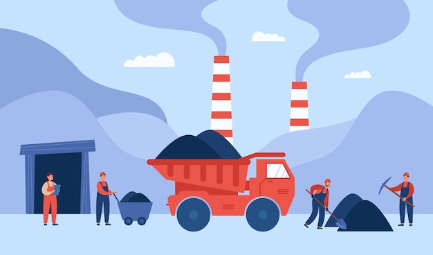 Team van mijnwerkers die in steengroeve werken en vrachtwagens vervoeren. cartoon mensen mijnbouw in de mijne, kolenwinning of productie platte vectorillustratie. kolenindustrie, transportconcept voor banner, website-ontwerp
