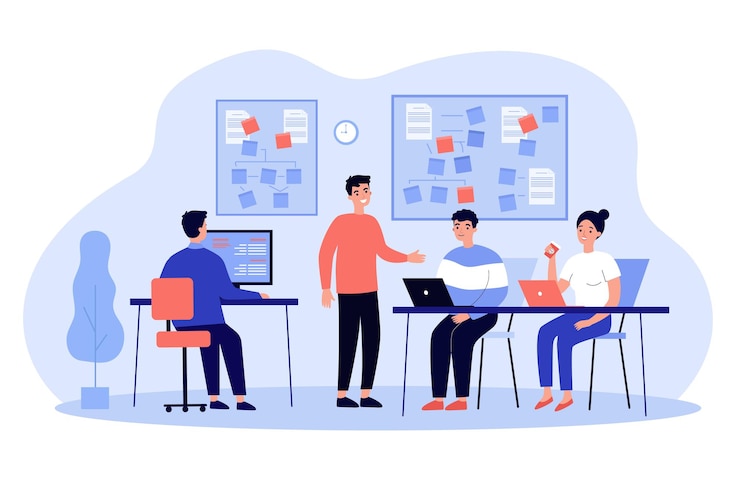 Vector team van programmeurs die software ontwikkelen, bezig met app in kantoorinterieur