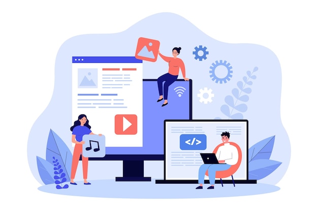 Team van werknemers die een website maken en afbeeldingen en muziek toevoegen. Kleine makers van inhoud platte vectorillustratie. Marketing, sociale media, teamwerkconcept voor banner, websiteontwerp of bestemmingswebpagina