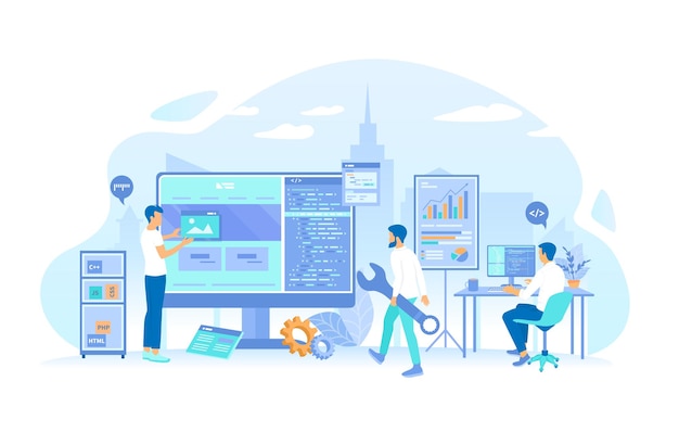 ウェブ開発者チームがコンピュータビルディングサイトのプログラミングコードに取り組んでいます ウェブサイト開発 Pr