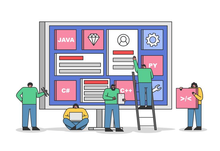 Vector team of web developers working together on new projects. programmers group coding for website interface or mobile application development