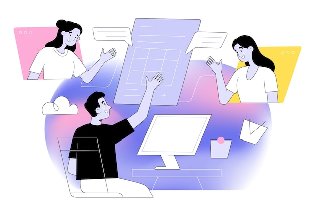 Team werkt samen drie mensen werken samen in een virtuele werkruimte communiceren via videogesprek