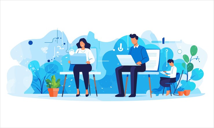 Vector team work business concept illustration men and women in working together