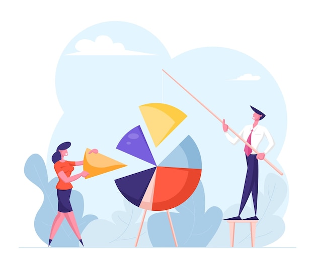 Vector team work concept. businesspeople characters assemble huge pie chart