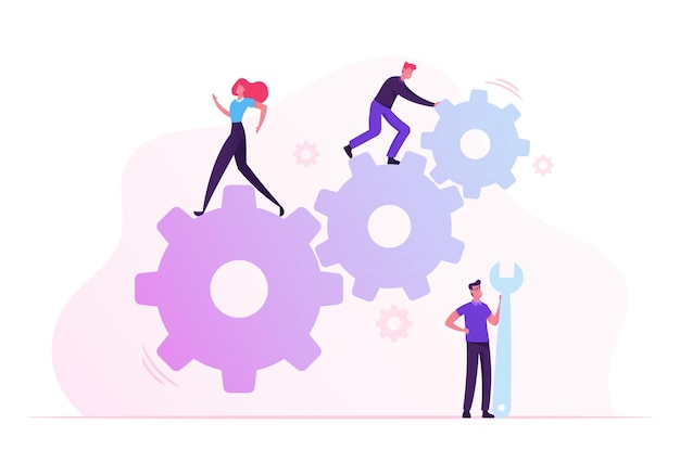 Командная работа Сотрудничество в механизме передач. Мультфильм плоский рисунок