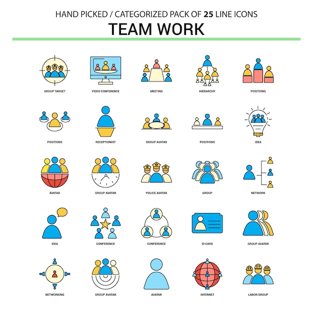 Vector team work flat line icon set