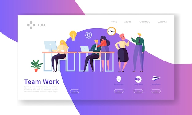 Team work landing page. creative process concept with  people characters working together website template.