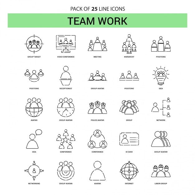 Vector team work line icon set - 25 dashed outline style