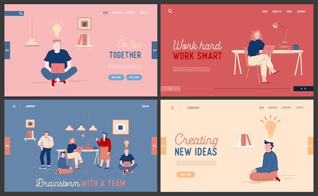 Team work project development, creative idea brainstorm website landing page set