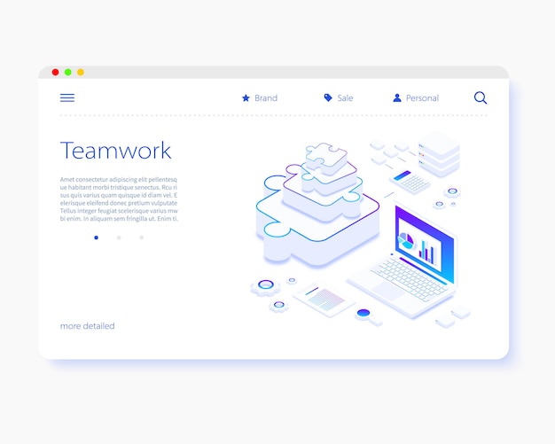Vector team work. puzzle pieces. isometric design. landing page