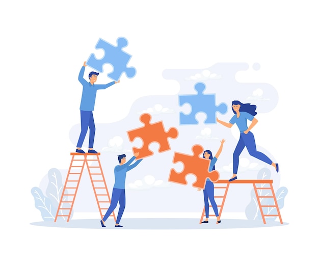 Team work team building corporate organization innovative business approach brainstorming people with puzzle pieces flat vector modern illustration