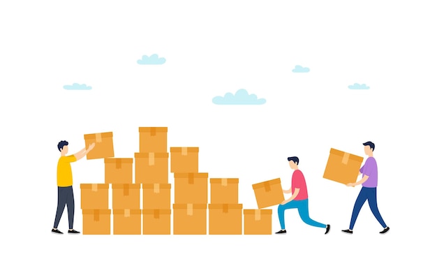 Team work together with cardboard box delivery People carry carton packages Vector