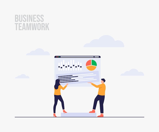 Team work with graphs landing page illustrations