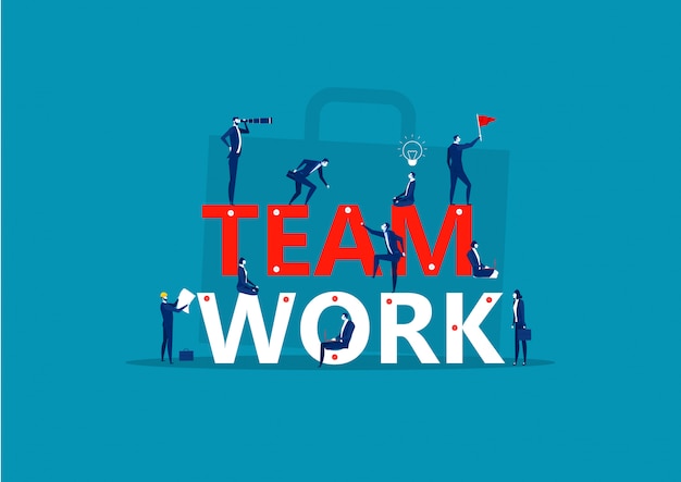 team work word. little people build word teamwork together. creating a business project.
