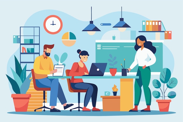 Vector team of workers focused on laptops at office table work at office simple and minimalist flat vector illustration