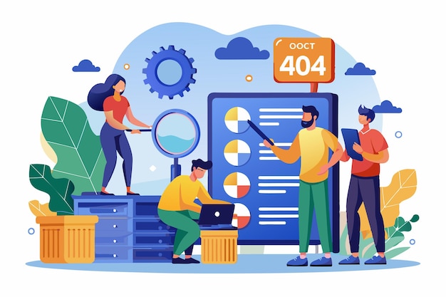 a team of workers investigates data storage errors using laptops and reports in an office setting worker are looking for data storage errors 404 error