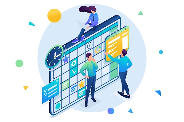 Vector team working on the business plan, employees fill in the calendar fields. 3d isometric. concept for web design.