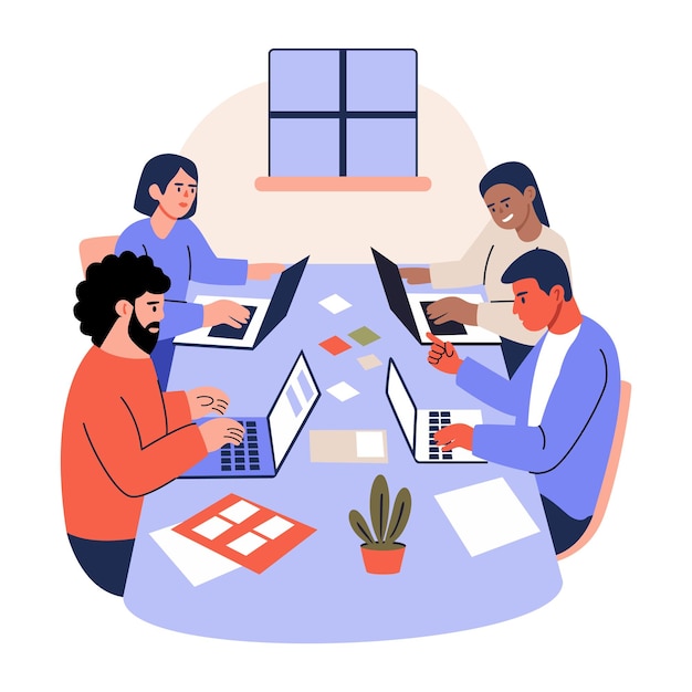 team working in meeting room flat illustration