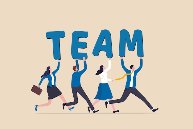 ビジネスの成功を勝ち取るために協力するチームチームワークの協力またはコラボレーション同僚のパートナーシップまたはオフィスの同僚の概念ビジネスチームの人々がチームという言葉を持って一緒に歩く