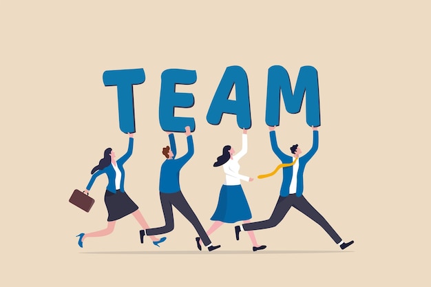 Vector team working together to win business success teamwork cooperation or collaboration coworker partnership or office colleagues concept business team people walking together holding the word team