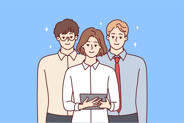 Vector 태블릿을 사용하는 여성과 비즈니스 옷을 입은 두 남자의 팀 젊은 전문가 벡터 이미지