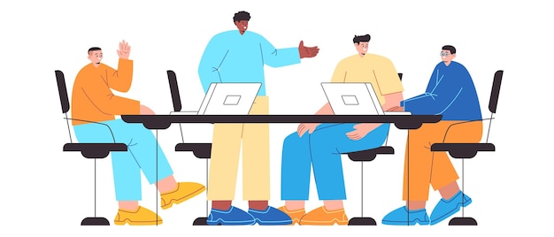 Teambijeenkomst teamwerk bedrijfsbestuursruimte collega's casual stijl kleurrijke platte illustratie