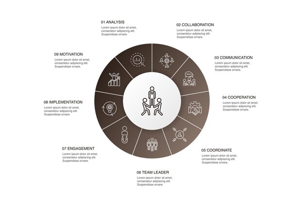 Teambuilding infographic 10 stappen cirkel ontwerp. samenwerking, communicatie, samenwerking, teamleider eenvoudige pictogrammen