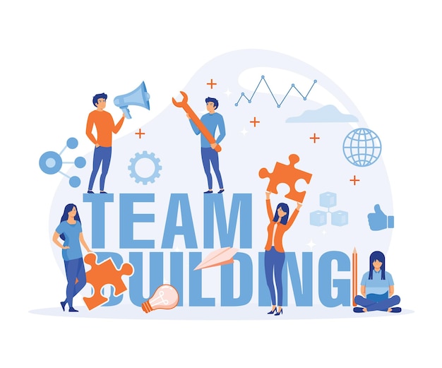 Teambuildingconcept Groep mensen die samenkomen en samenwerken om goede bedrijfsresultaten te behalen