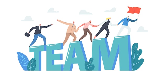 Teamconcept. zakelijke personages hand in hand klimmen naar succes, leider met rode vlag, groei van zakenmensen, teamwork, leiderschapsposter, spandoek of flyer. cartoon mensen vectorillustratie