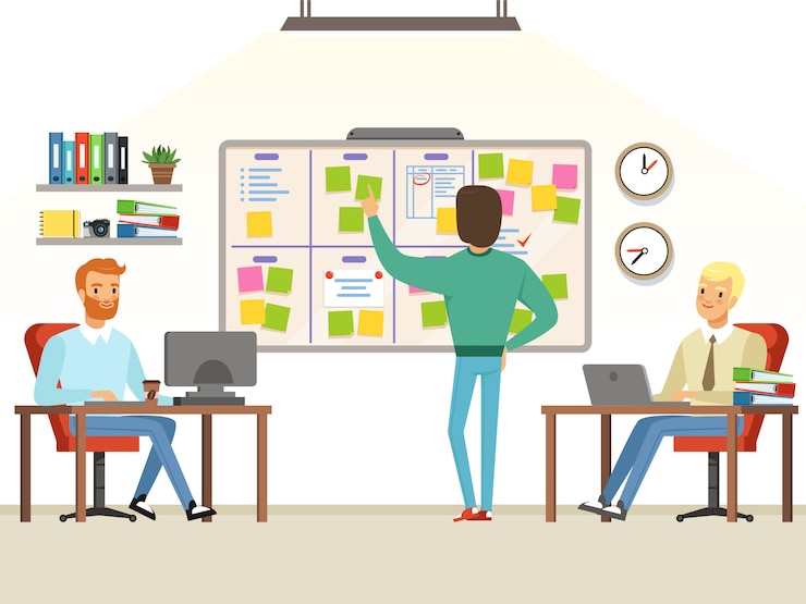 Vector teamleider maakt planningstaken op het bord