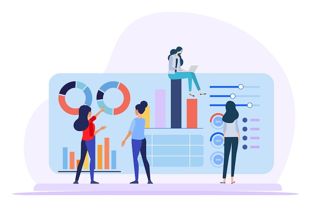 Teamlijsting atsks analyse van de voortgang en het maken van rapporten Vector illustratie