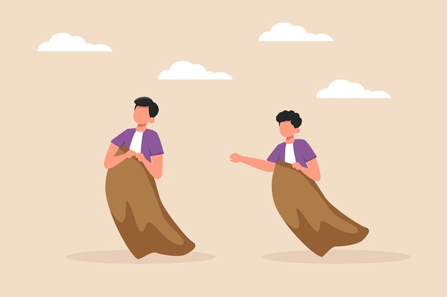 Teams play against each other to play sack racing indonesian independence day concept flat vector illustration isolated