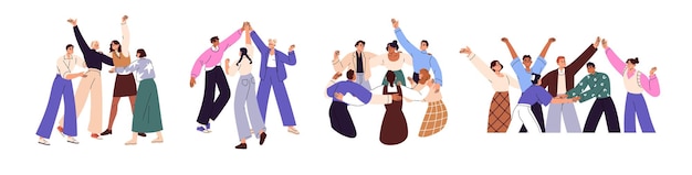 Teams vieren succes op het werk. Medewerkers ondersteunen collega's. Mensen worden gemotiveerd. Teambuilding. Gelukkige kantoorwerkers. Groep verheugt zich. Platte geïsoleerde vectorillustratie. Niet-witte achtergrond.