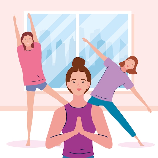 Vector teamvrouwen die yoga doen