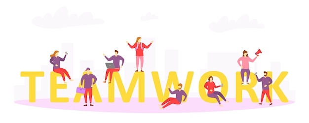 Teamwerk banner concept. Team van ontwikkelaars en mensen, personages die werken in een team op een witte achtergrond. Symbool van teamwork, samenwerking, partnerschap.